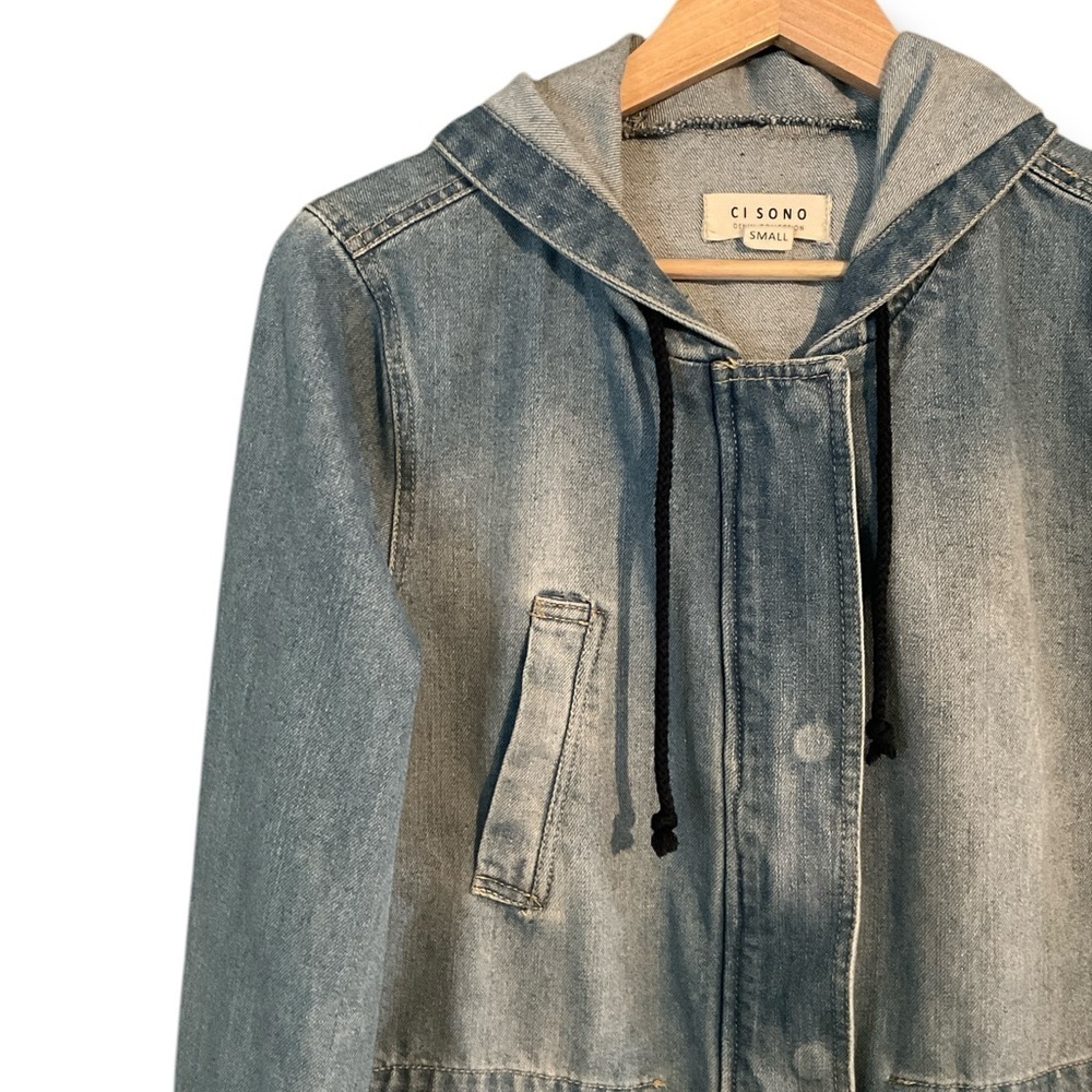 Ci Sono Relaxed Fit Light Blue Wash Long Denim Hooded Jacket Size Small